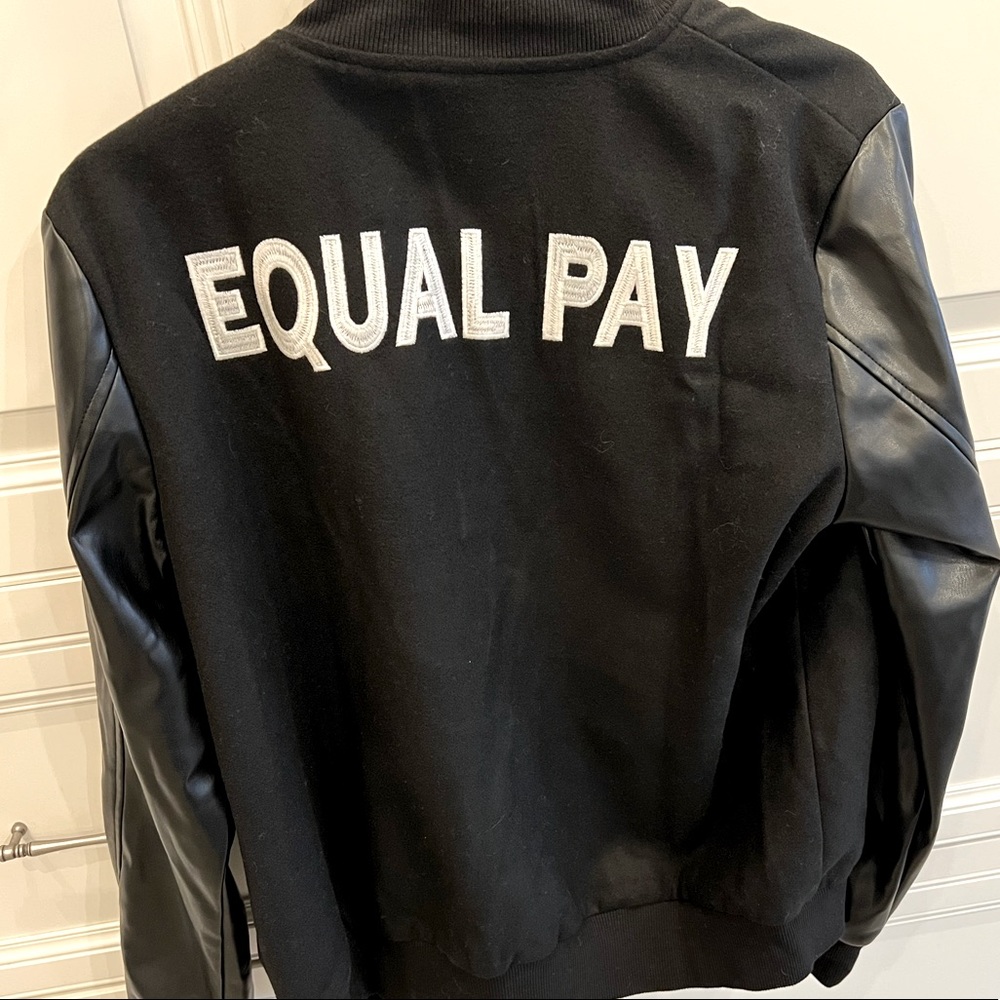 Black varsity “equal pay” feminist jacket size M